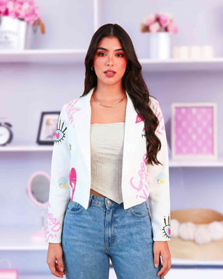 Blazer tipo torerito con estampado Good Vibes