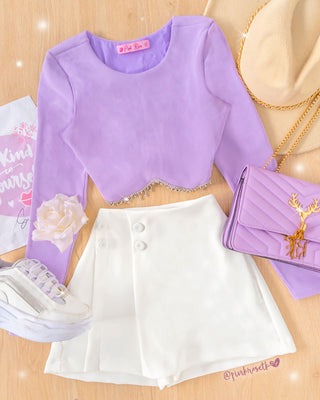 Blusa lila en rib manga larga con aplique brillantes