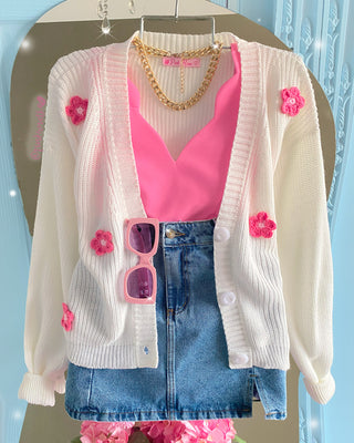 Saco Blanco Tejido con Margaritas bordadas