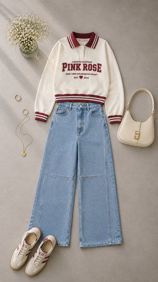 BUZO BLANCO CON CUELLO TIPO POLO PINK ROSE