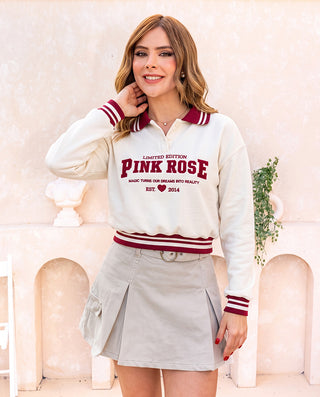 BUZO BLANCO CON CUELLO TIPO POLO PINK ROSE