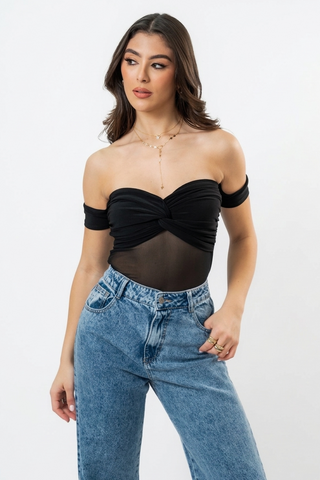 Body negro de Malla con Detalle de Nudo en el Busto