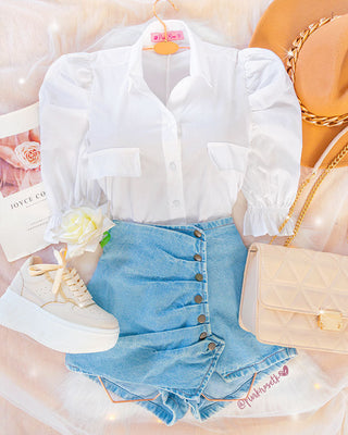 Falda short de blue jean, drapeado y botones
