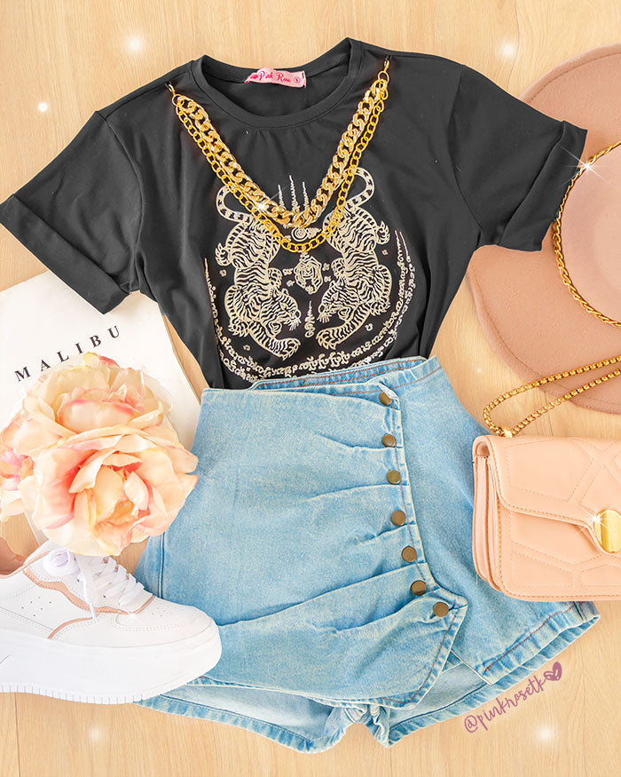 Flores Doradas Camisas Cadenas Camiseta Negra Tigre Y Cadenas