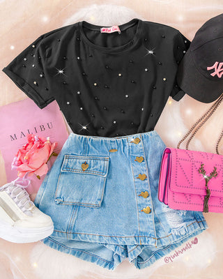 Falda short blue jean con botones de corazones