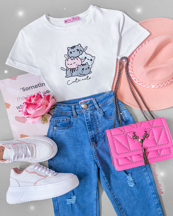 Camiseta blanca cute cats