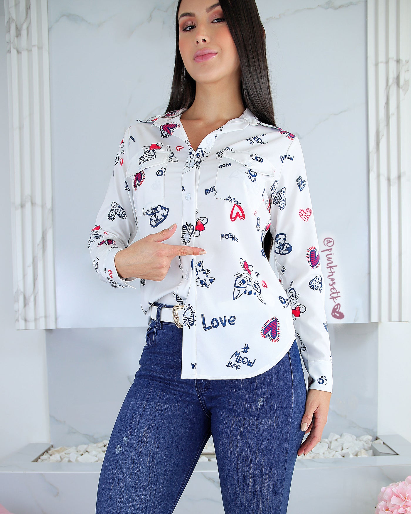 Camisa blanca manga larga estampado #meow bff