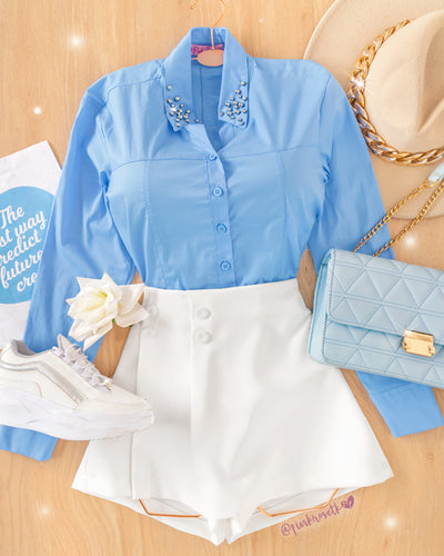 Camisa azul manga larga con aplique balines y brillantes