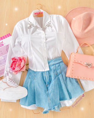Camisa blanca manga larga con aplique balines y brillantes