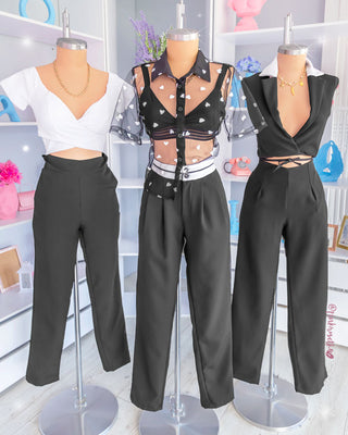 Set negro chaleco cordón en cintura y pantalón