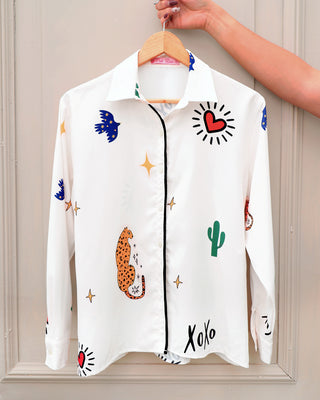 Camisa Cactus Estampado Leopardo, Pájaros y Corazón