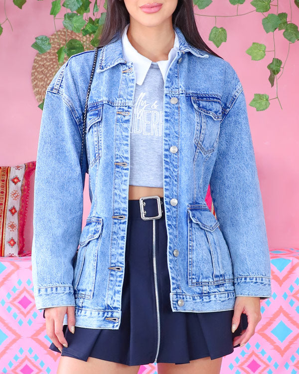 Chaqueta de blue jean tipo gabardina con lazo