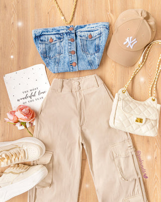 Crop top jean straple 5 botones bolsillos