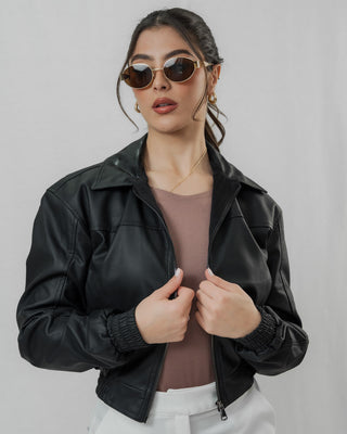 Chaqueta de Cuero con Cremallera Frontal