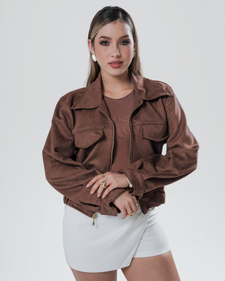 Chaqueta en Piel de Durazno con Cremallera Dorada