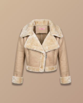 CHAQUETA BEIGE EFECTO CUERO CON FORRO DE PELUCHE