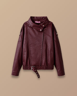 CHAQUETA VINO TINTO DE CUERO OVESIZE CON HEBILLA EN LA PARATE INFERIOR