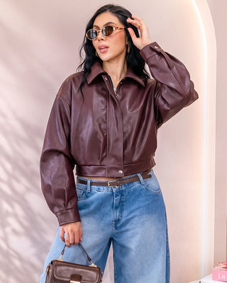 CHAQUETA VINO TINTO CORTA DE CUERINA OVERSIZE