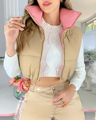 Chaleco acolchado doble faz rosado y camel