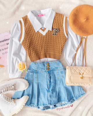 Falda blue jean corta de tablas y botones cobre