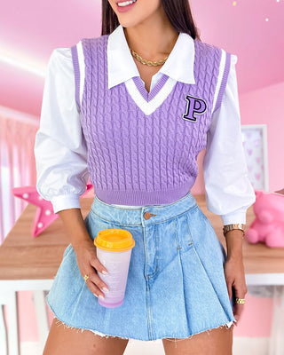Chaleco lila lavanda de punto trenzado cuello v