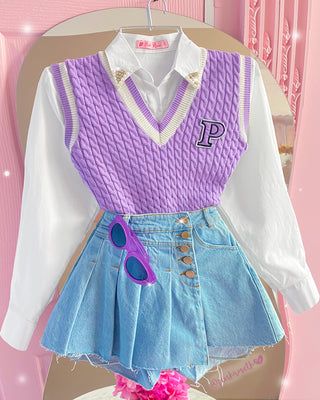 Chaleco lila lavanda de punto trenzado cuello v
