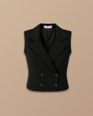 Chaleco Negro Sastre con Cuello Solapa y 4 Botones