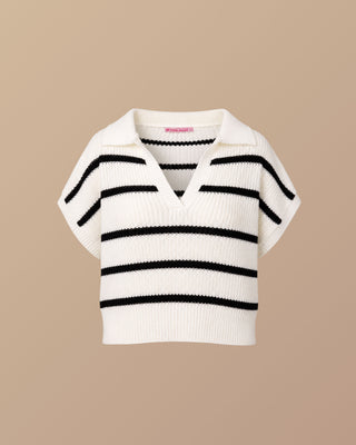 CHALECO BLANCO TEJIDO CON CUELLO Y LINEAS NEGRAS