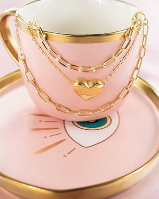 Collar triple dorado corazón mediano y eslabones