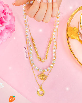 Collar dorado triple de perlas ojo corona corazón