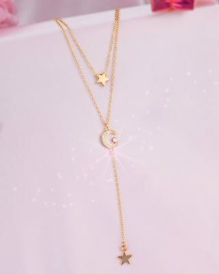 Collar Doble con Dijes de Luna y Estrella Colgante