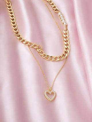 COLLAR DORADO DOBLE CON ESLABONES Y DIJE DE CORAZON Y PERLA
