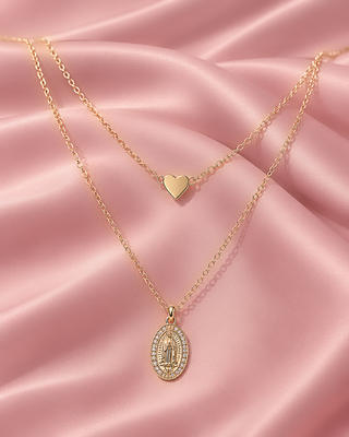 COLLAR DORADO DOBLE DIJE CON CORAZON Y VIRGEN