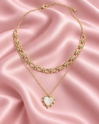 COLLAR DORADO DOBLE DE ESLABONES Y CORAZON CON PUNTICOS