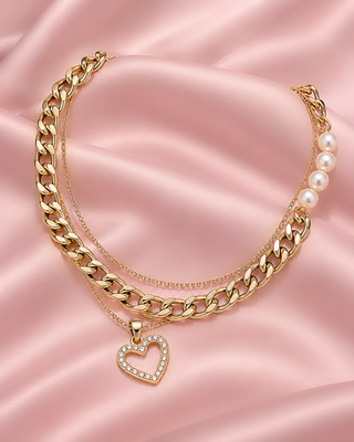COLLAR DORADO DOBLE DE ESLABONES Y PERLAS CON CORAZON