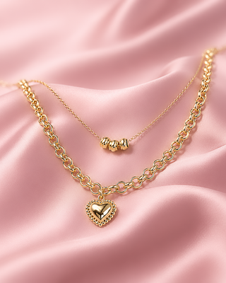 COLLAR DORADO DOBLE CON ESLANONES DE CORAZON INFLADO