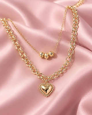 COLLAR DORADO DOBLE CON ESLANONES DE CORAZON INFLADO