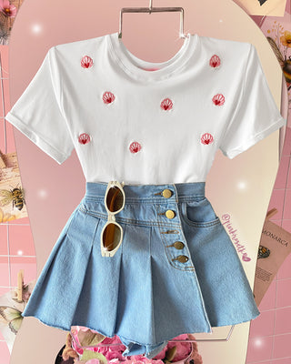 Falda Short de Jean con 5 Botones y Pliegues Laterales