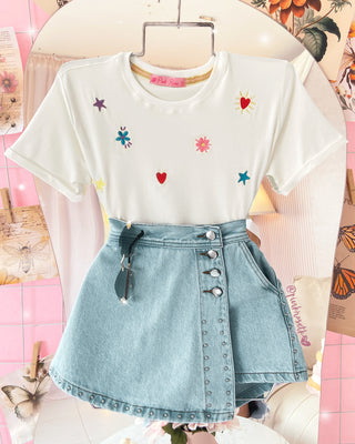 Falda Short de Jean con 4 Botones y Taches Redondos