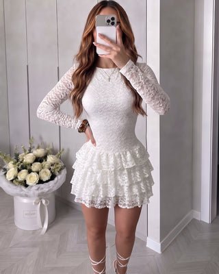 VESTIDO BLANCO CORTO DE ENCAJE CON BOLERO Y MANGA LARGA