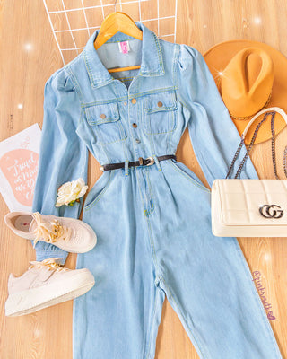 Enterizo blue jean manga larga con cinturón negro
