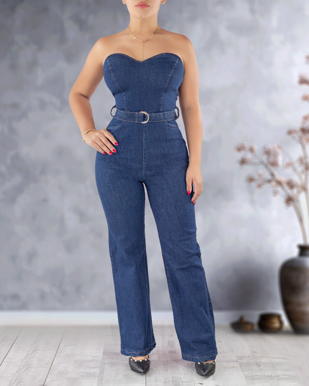 Enterizo blue jean strapless cinturon