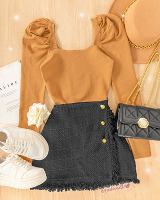 Blusa camel en tejido de punto manga puff larga