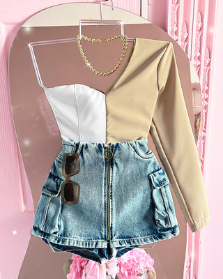 Falda short blue jean cargo cremallera adelante