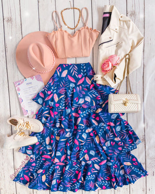 Falda azul larga 3 boleros estampado hojas