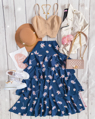 Falda azul oscuro larga 3 boleros estampado de flores