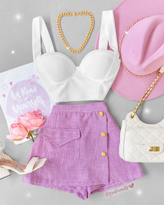 Falda Short Morada Channel Botones Dorados y Bolsillo
