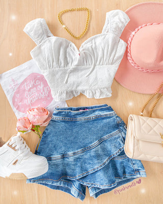 Falda short blue jean tapa con volantes