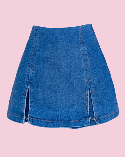 Falda short blue jean medio con tapa