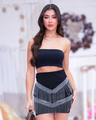 Falda con Apliques de Zafiros y Detalles Colgantes